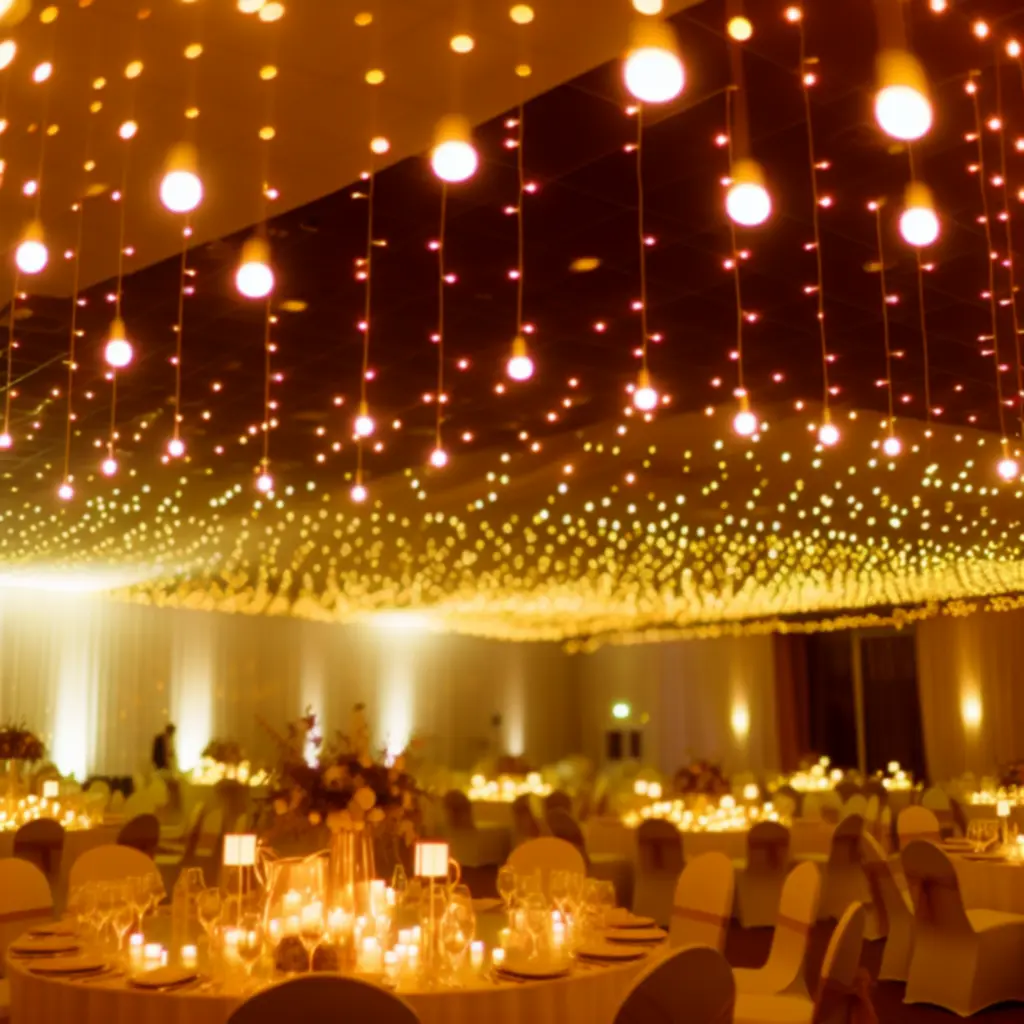 Girlandy świetlne tworzące złocisty nastrój na sali weselnej