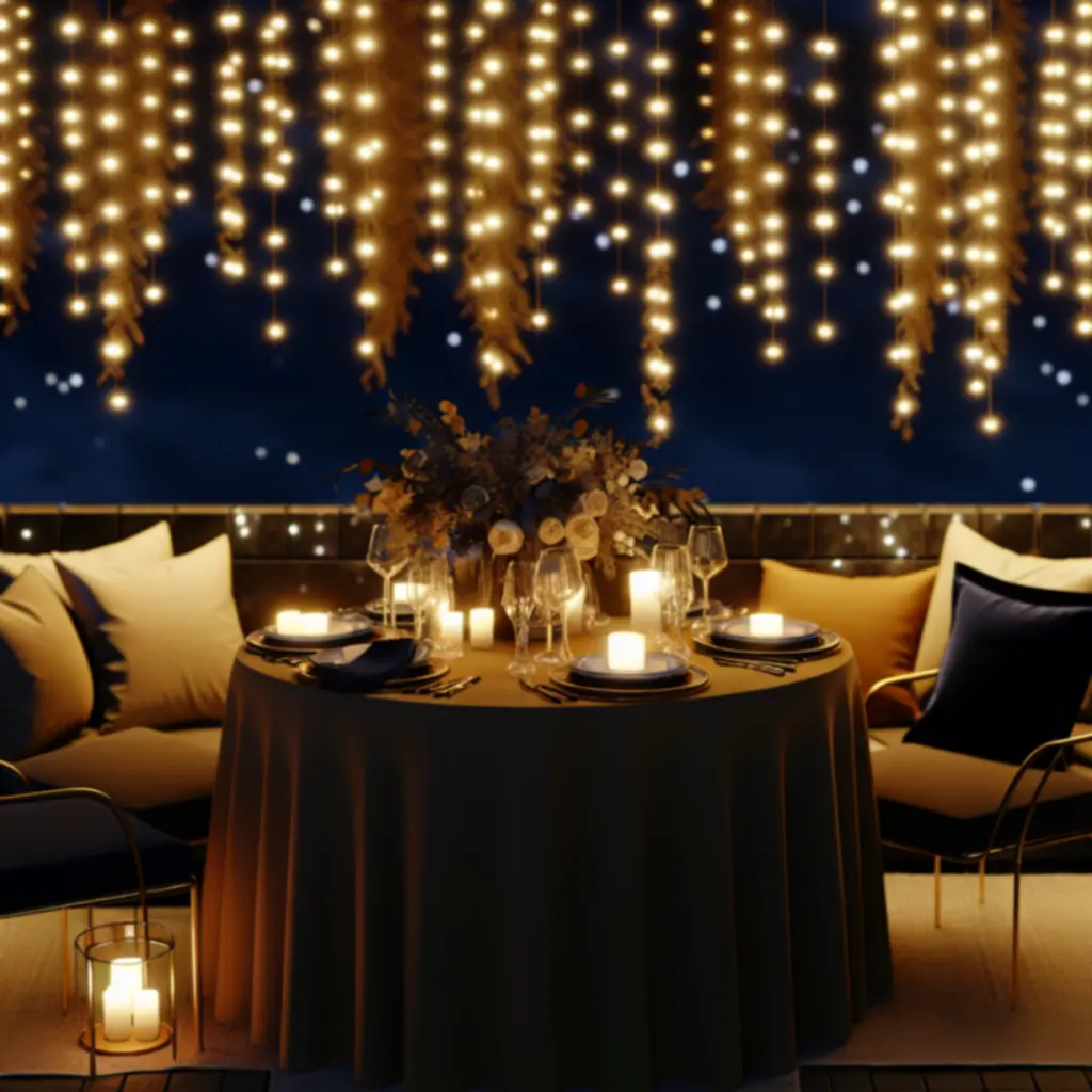 Girlandy LED nad stołem w ciepłej, złotej poświacie