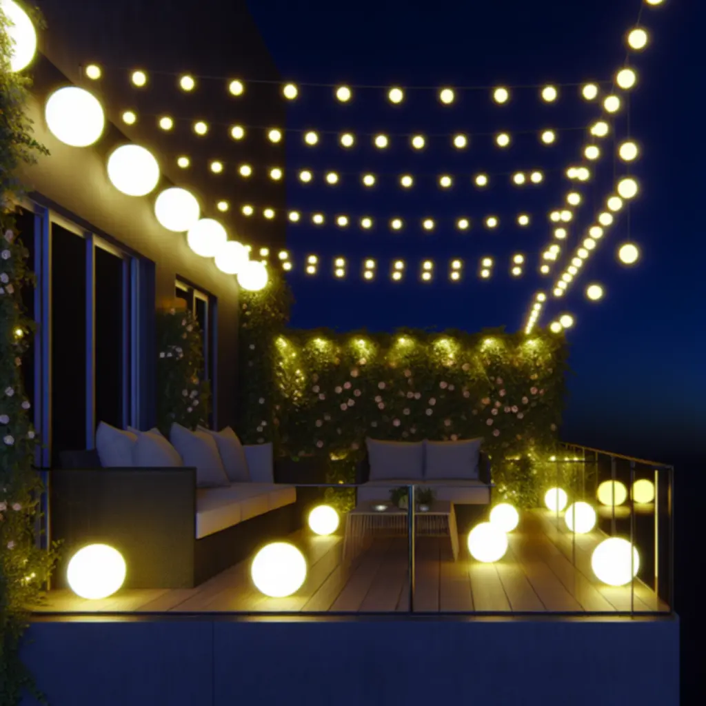 Balkon z lampkami kulkowymi tworzącymi przytulny klimat