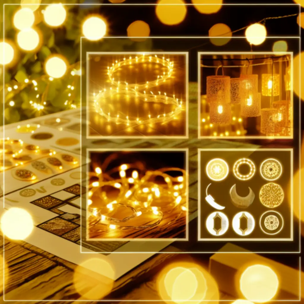 Zbliżenie na kolekcję świetlistych dekoracji w ciepłych złotych barwach